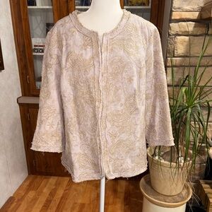 coldwater creek neutral taupe embroidered paisley floral pattern raw hem jacket